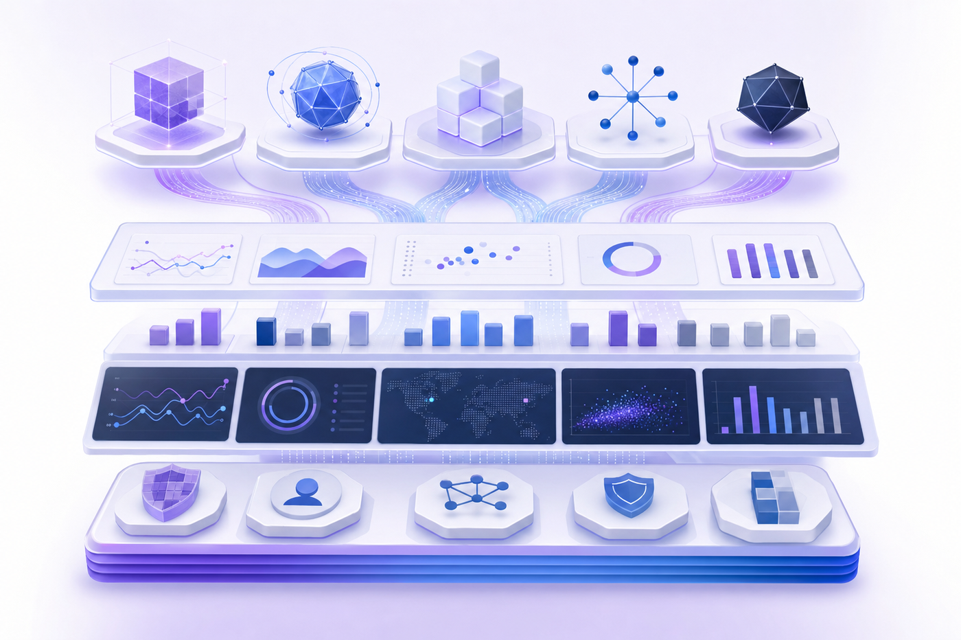 A modern, clean technical illustration showing a competitive landscape of AI platforms and tools. Display abstract geometric representations of different software platforms arranged in a comparison layout, with flowing data connections, evaluation metrics bars, monitoring dashboards, and governance layers. Use a professional color palette with blues, purples, and grays. Show abstract platform nodes connected by data flows, with layered architecture diagrams representing evaluation, monitoring, and compliance capabilities. Technical, abstract style without any text or labels.