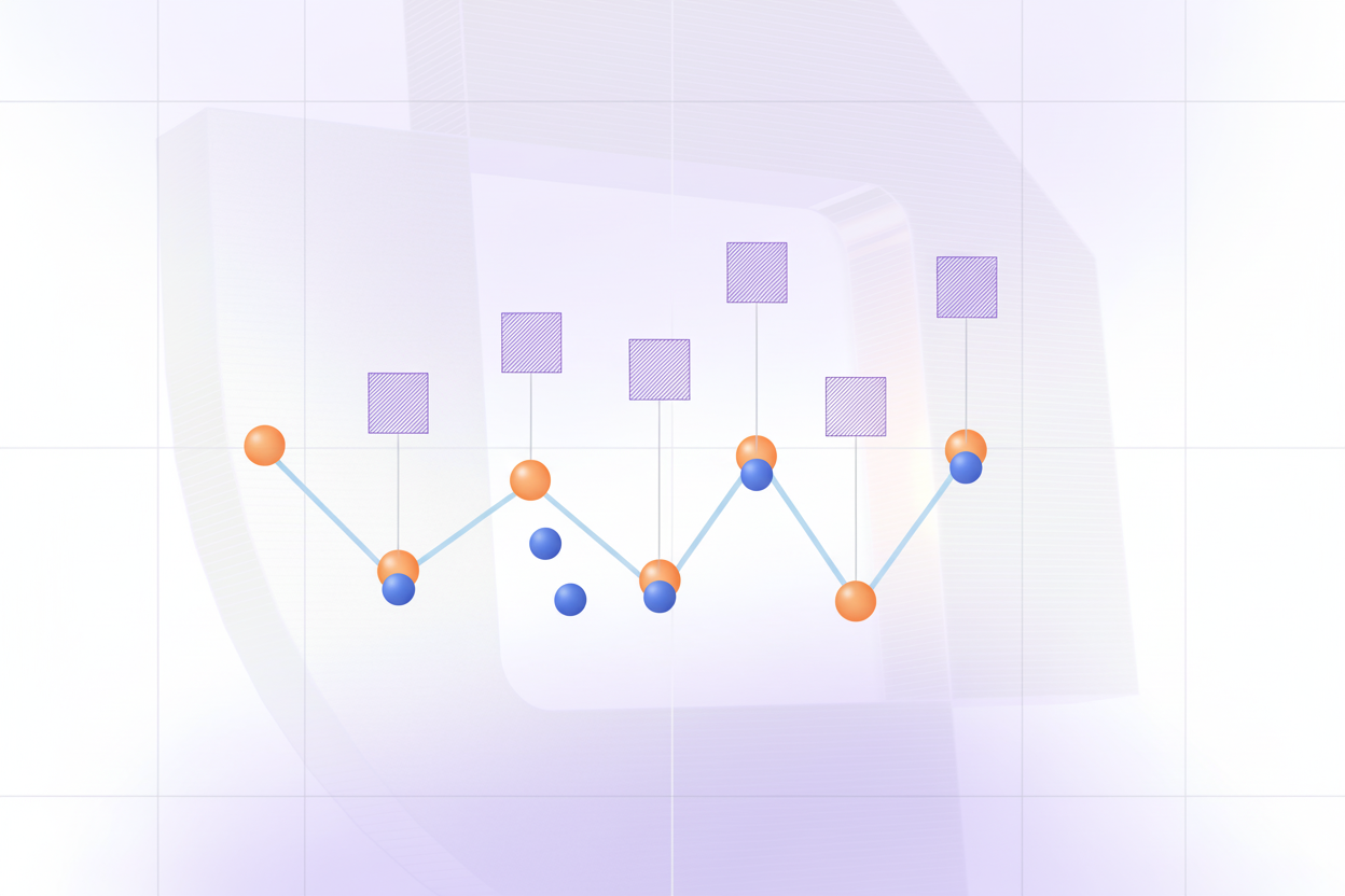 A clean, technical diagram showing the RMSE calculation process with data points plotted on a graph. Show actual values as blue dots and predicted values as orange dots connected by vertical error lines. Include a visual representation of squared residuals as small squares floating above the error lines, symbolizing the mathematical squaring operation. Use a minimalist, professional style with a light background, grid lines, and a modern data visualization aesthetic. No text or labels.