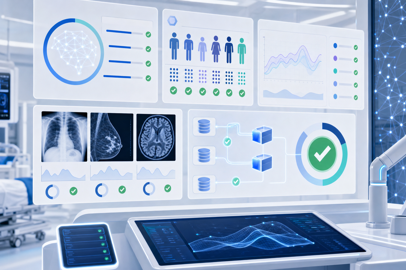 A modern medical technology testing environment showing AI model validation in progress. Display a clean, professional healthcare technology interface with multiple validation screens showing accuracy benchmarks, fairness evaluation metrics across different demographic groups, stress testing scenarios, and data pipeline integration checks. The scene should convey systematic pre-deployment testing with visual elements like progress indicators, performance graphs, test result panels, and quality assurance checkmarks. Use a professional healthcare technology aesthetic with blues, whites, and green approval indicators. No text, words, numbers, or labels should appear in the image.
