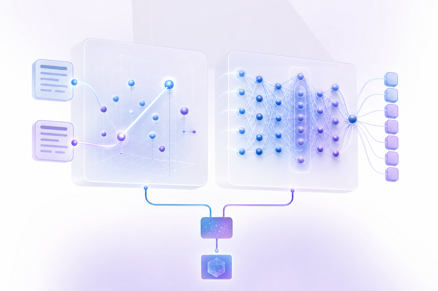 A technical diagram showing two parallel detection pathways for AI model evaluation. Left side: vector embeddings as glowing points in 3D space with connecting lines showing cosine similarity measurement between output and reference document. Right side: a more complex neural network structure representing an LLM judge model analyzing text, with evaluation criteria flowing through layers. Clean, professional tech illustration style with blues and purples, no text or labels.