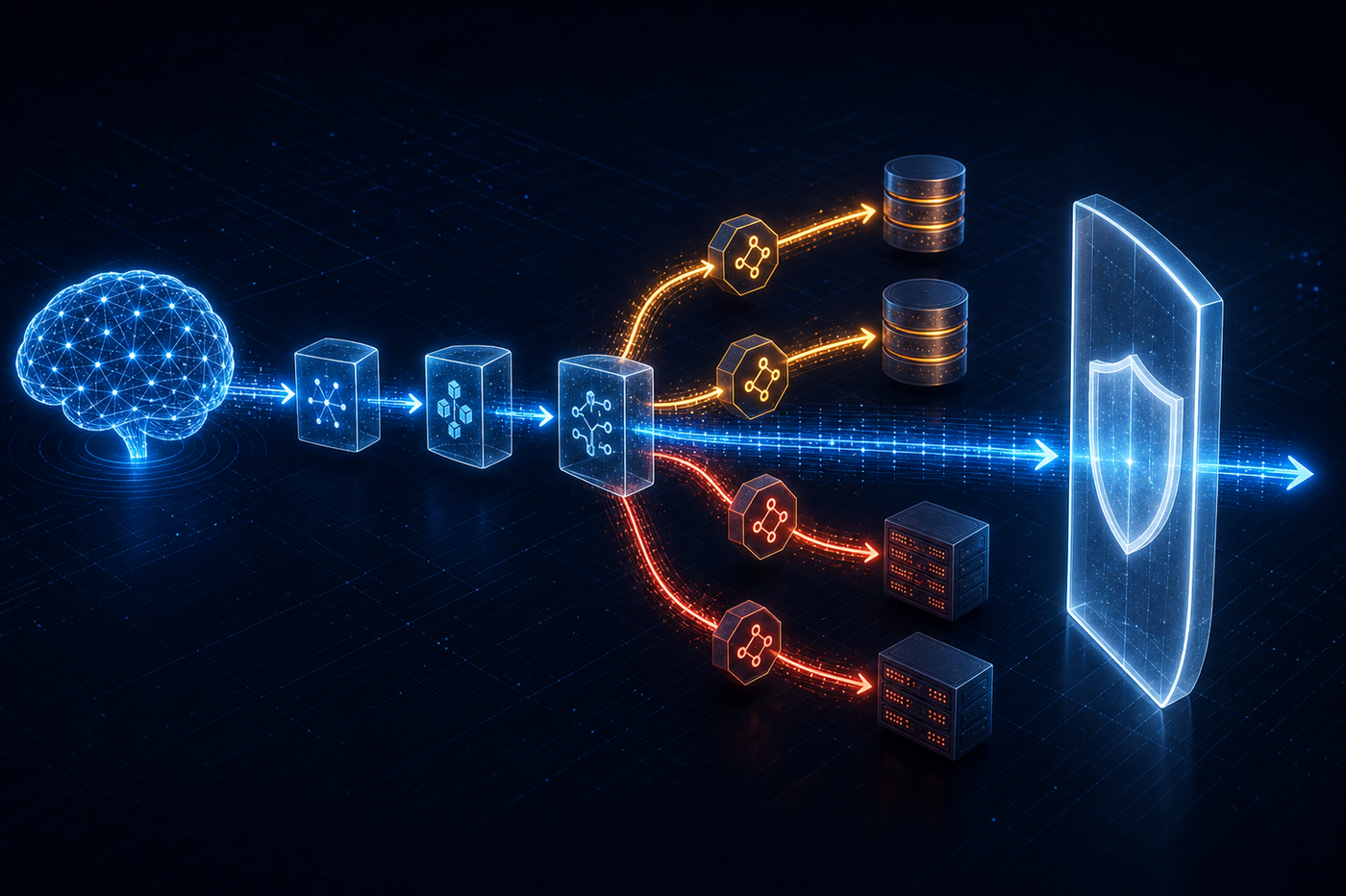 A dark, technical diagram showing a multi-step AI agent pipeline with interconnected nodes and data flow arrows. On one side, a glowing AI brain or neural network processes information. In the middle, tool call nodes branch off the main pipeline, sending structured data payloads directly into database cylinders and external API server blocks. A semi-transparent security shield or guardrail layer is positioned only at the far output end of the pipeline, visually separated from the tool call branches — illustrating that the shield cannot intercept the data that already bypassed it. Color palette: deep navy background, electric blue data flow lines, amber and red highlights on the unguarded tool call paths, cool white for the guardrail layer. Abstract, no text or labels.
