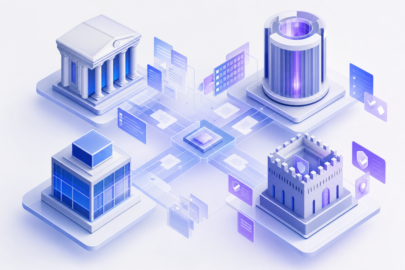 A professional diagram showing four distinct interconnected governance framework pillars or structures, each with unique architectural characteristics representing different regulatory approaches. Modern, clean design with a technical enterprise aesthetic. Abstract geometric shapes representing policy documents, risk assessment matrices, and compliance checkpoints flowing between the structures. Blue and purple gradient color scheme with white accents. Isometric or three-quarter view perspective. No text or letters.