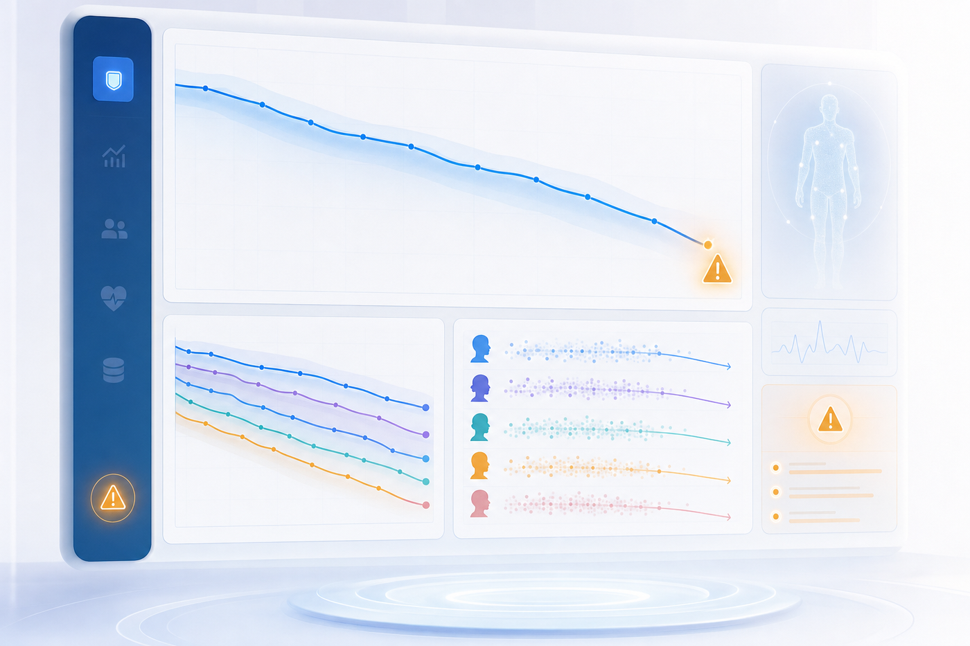 A clinical dashboard display showing AI model performance degrading over time, with graphs depicting declining accuracy metrics, diverging performance curves across different patient demographic groups, and warning indicators appearing. The scene should show a modern medical technology interface with clean data visualizations, trend lines moving downward, and subtle alert signals. Use a professional healthcare technology aesthetic with blues, whites, and amber warning tones. No text or labels should appear in the image.