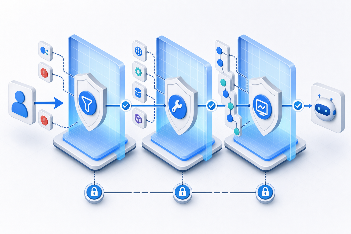 A technical diagram showing three layered security checkpoints protecting an AI agent system: the first layer shows input filtering at an entry gateway, the second layer shows tool validation mechanisms checking API calls, and the third layer shows trajectory monitoring tracking a sequence of connected steps. Use clean, modern iconography with blues and grays, isometric perspective, showing data flow through each security gate with connection lines and checkpoints