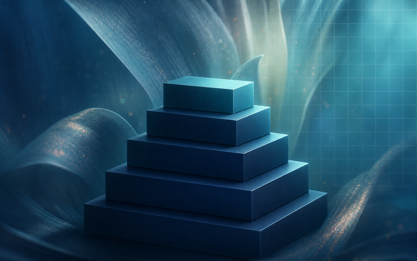 A clean, modern illustration showing five ascending tiers or steps representing organizational maturity levels, visualized as a structured staircase or pyramid with distinct levels, each tier slightly larger and more refined than the one below, rendered in deep blue and teal tones with subtle gradient shading, professional flat design style, no people, no text, no labels, no numbers, abstract geometric shapes suggesting growth and progression upward