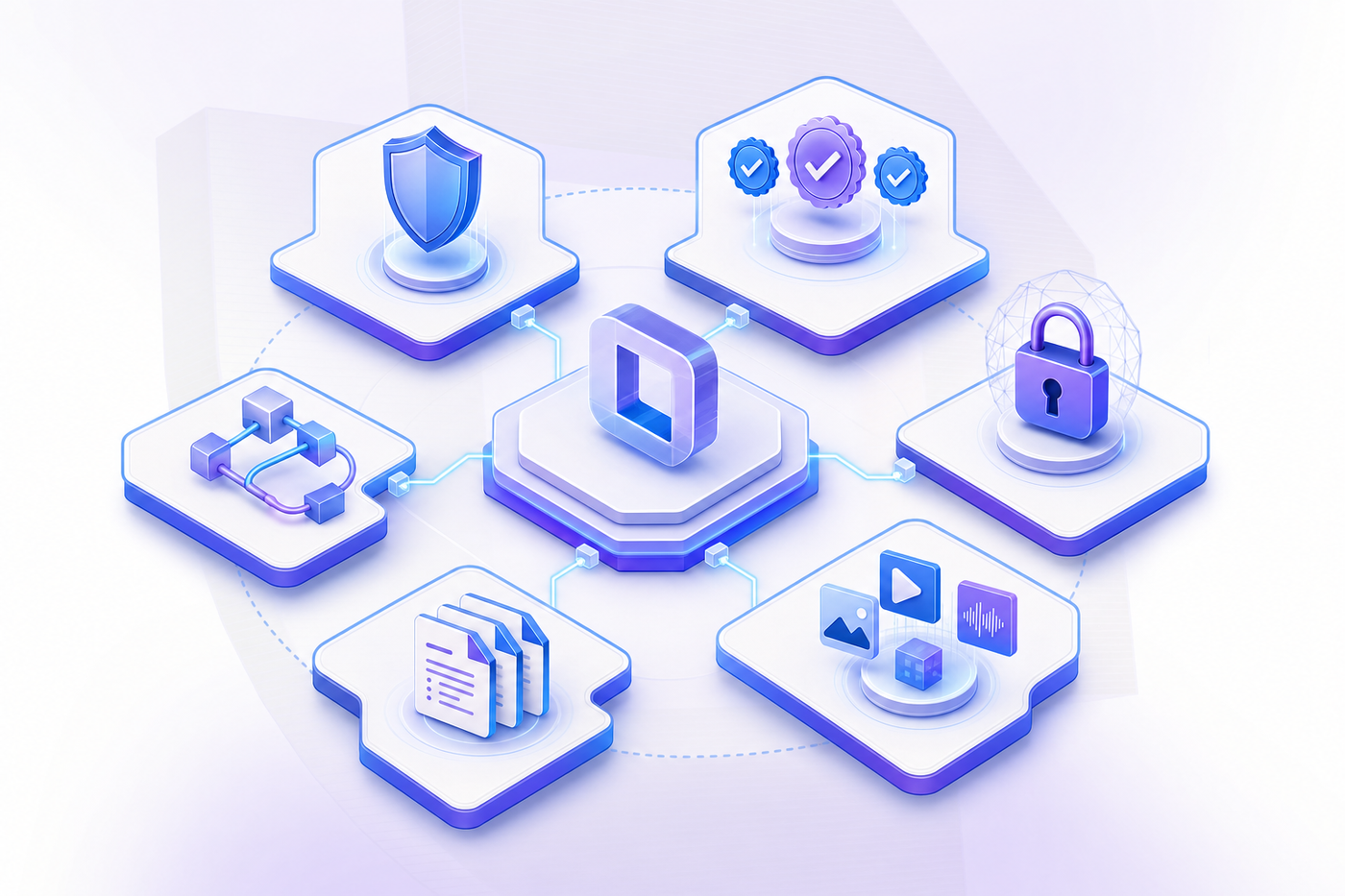 A clean, technical diagram showing six evaluation criteria pillars for AI governance tools. Display interconnected hexagonal or rectangular cards representing: runtime enforcement with shield icon, automated compliance mapping with checkmark badges, real-time security guardrails with lock symbol, CI/CD integration with pipeline flow, multi-modal coverage with different data type icons, and audit evidence generation with document icons. Modern, professional style with blue and purple gradients, isometric perspective, showing how these criteria interconnect in a governance framework assessment.