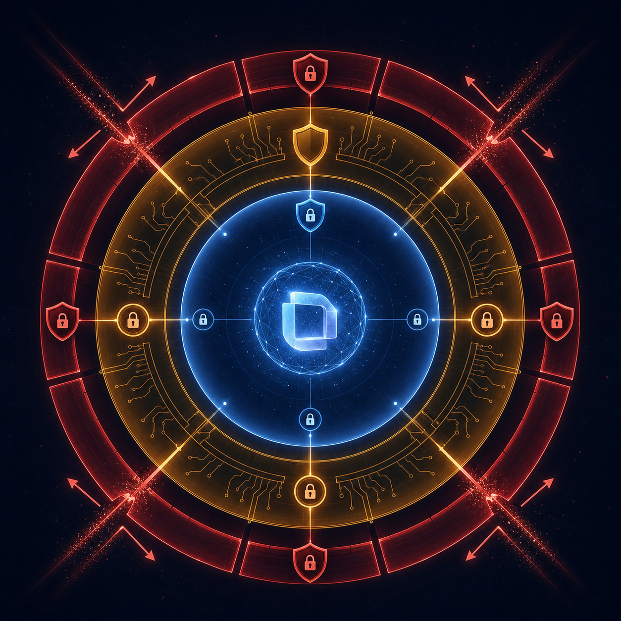 A dark-themed technical architecture diagram showing three concentric defensive layers surrounding a glowing central core representing an AI agent. The outermost ring is a gateway enforcement layer with hard barrier lines, the middle ring is an application code layer with circuit-board-like connections, and the innermost ring is a prompt-level rules layer with soft gradient edges. Each layer has a distinct color — deep red for the outer gateway, amber for the middle application layer, and blue for the inner prompt layer — with small shield icons and lock symbols at key junction points. Arrows show threat vectors being blocked at each layer. Clean, modern, minimal geometric style on a deep navy background with glowing edges and subtle particle effects.
