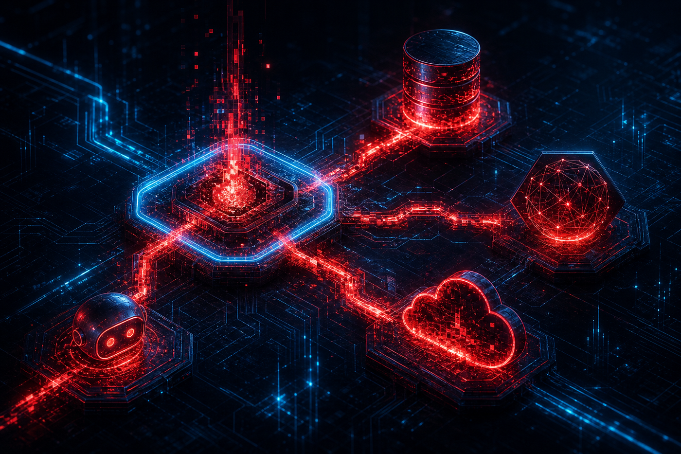 A dark cyberpunk digital illustration of an agentic AI pipeline under attack. A central glowing AI node connects to multiple downstream components: a database, an external API endpoint, a cloud function, and another agent node. A red corrupted signal pulse travels along the connection paths, representing a malicious injection propagating through the pipeline. Each connected node lights up in red as the signal reaches it, showing cascading compromise. The visual style uses deep navy blue backgrounds, electric cyan and red neon accents, and circuit-board aesthetics. No text, no words, no letters, no labels anywhere in the image.