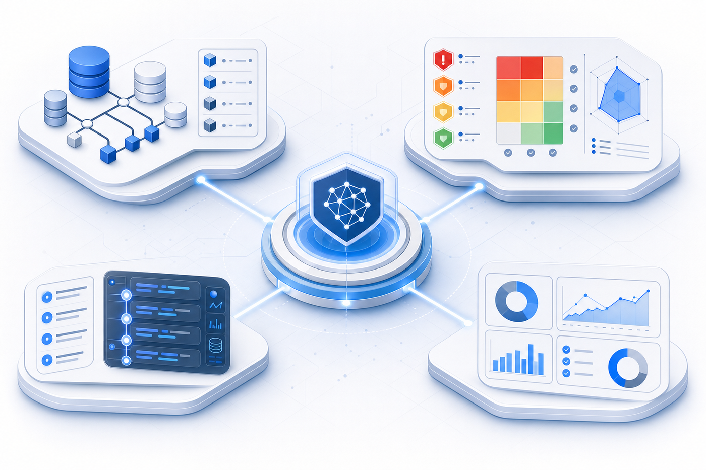 A modern technical diagram showing AI governance infrastructure architecture. Visualize interconnected components: a central governance hub in the middle, surrounded by four key modules - model inventory and version control (depicted with organized database symbols and version trees), risk classification and assessment (shown with risk tier badges and evaluation matrices), audit trails and monitoring logs (illustrated with timestamped activity streams and data flow), and compliance reporting dashboards (represented by analytics charts and status indicators). Use a clean, professional isometric or flat design style with a blue and gray color palette. Technical but accessible, enterprise-grade aesthetic. No text or labels.