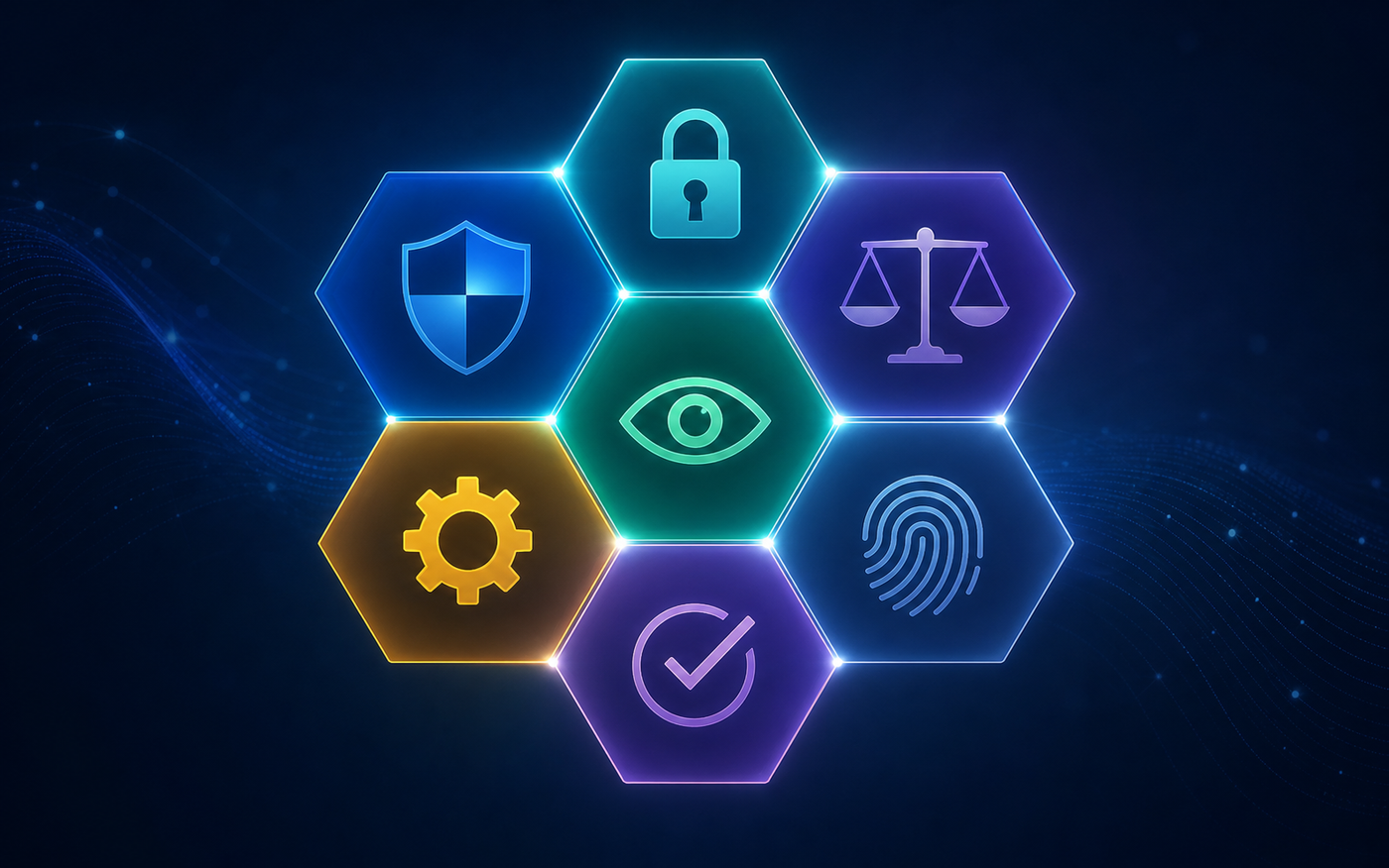 A clean, modern infographic-style illustration showing seven interconnected hexagonal shapes arranged in a honeycomb pattern, each a distinct color — deep blue, teal, indigo, emerald, amber, slate, and violet — glowing softly against a dark navy background. The hexagons are connected by thin luminous lines suggesting balance and interdependence. Each hexagon contains a simple geometric icon: a shield, a lock, a scale, an eye, a gear, a fingerprint, and a checkmark.