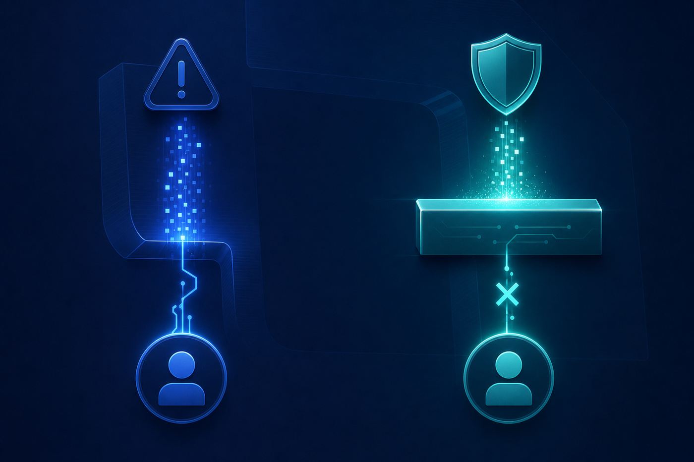 A split-diagram concept in dark blue and teal showing two parallel paths: on the left, a warning symbol with a data log stream passing through to a user icon representing observation only; on the right, a solid barrier with a shield icon stopping a data stream before it reaches a user icon, representing active enforcement at an API boundary, with glowing circuit-style connection lines and a clean minimal aesthetic, no text or labels