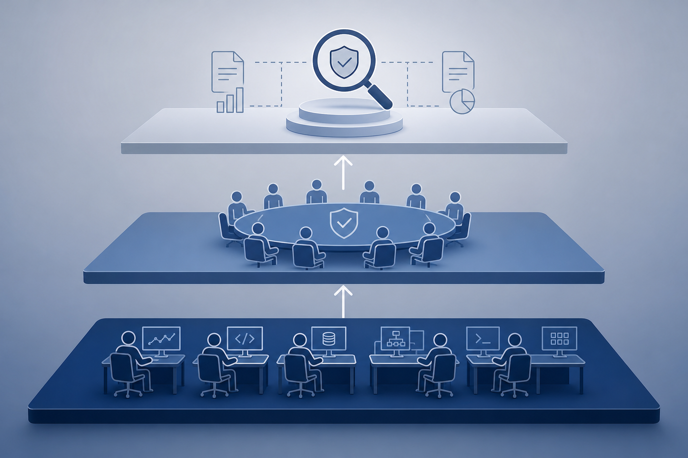 An organizational defense structure. The bottom tier is labeled with operational builders and engineers working at desks with monitors. The middle tier shows a governance and compliance review board seated around a circular table. The top tier shows an independent audit function with a magnifying glass symbol.
