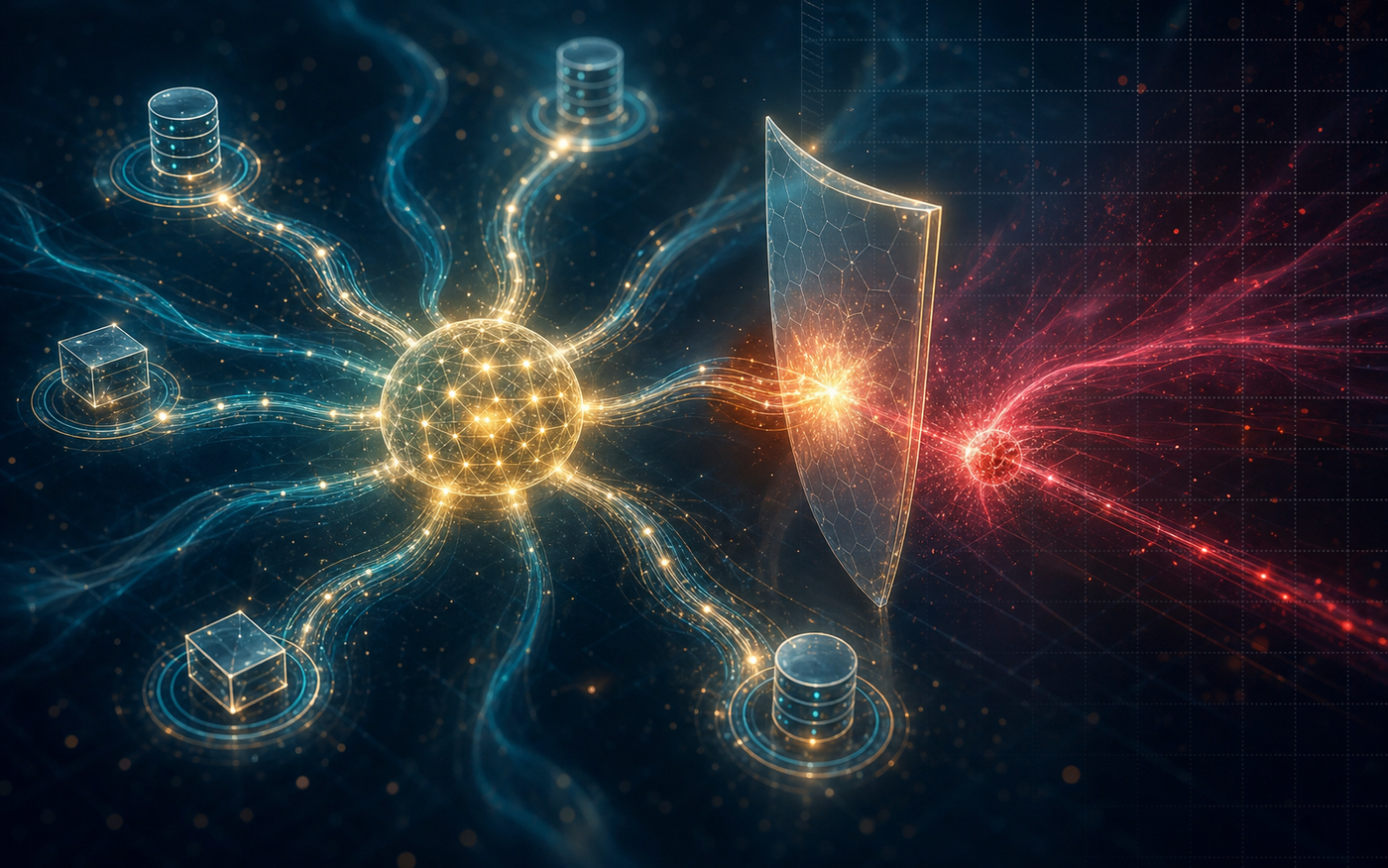 A futuristic digital illustration showing an AI agent represented as a glowing neural network node at the center, surrounded by multiple API endpoints and database icons connected by luminous data flow lines. A semi-transparent shield or barrier layer intercepts one of the data pathways, blocking an unauthorized tool call represented as a red-tinted energy pulse.