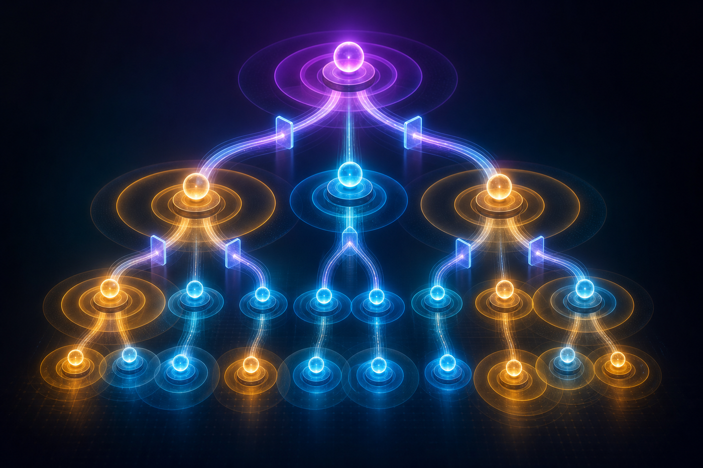Abstract digital illustration of a multi-agent AI system hierarchy, showing interconnected glowing nodes arranged in a tree structure with a supervisor node at the top branching down through worker nodes at multiple levels, colored permission boundaries visualized as translucent colored rings around each node, some boundaries narrow and tightly scoped in blue, others wider and cascading in amber showing permission inheritance risk, connected by flowing data streams with visible authorization checkpoints as glowing gates between each delegation hop, dark background with deep teal and violet lighting, no text or labels