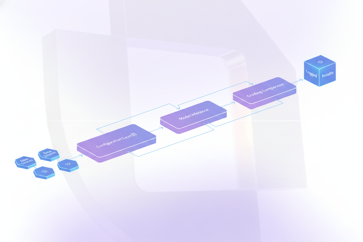 Technical architecture diagram showing the flow of an AI evaluation system with discrete layers: data sources feeding into configuration layer, then model inference, then grading comparison, ending with logged results. Modern, clean illustration with connected nodes and directional arrows showing data flow through the pipeline. Professional tech diagram style with blue and purple gradient accents, isometric perspective.