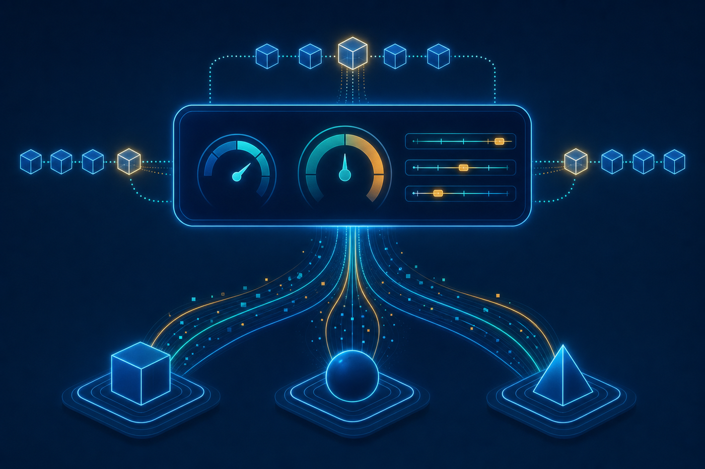 A clean technical diagram showing three distinct platform nodes — represented as glowing geometric shapes in dark navy — connected by flowing data streams to a single unified central governance layer above them, depicted as a luminous horizontal control panel with abstract gauge indicators and threshold meters. Each platform node emits upward data flows converging into the central layer. The central layer radiates outward structured audit trail chains as glowing linked blocks. Dark navy background with electric blue, teal, and amber accent colors. Flat vector style, no text, no labels, no letters, no words, no numbers.