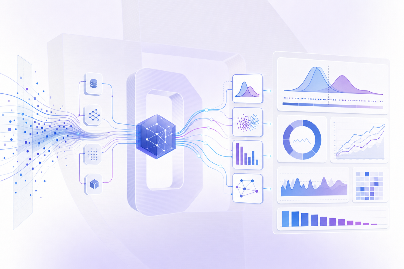 A clean, modern technical illustration showing machine learning model monitoring dashboard with abstract data visualizations. Display flowing data streams, drift detection graphs with distribution curves, feature importance bars, and performance metrics charts. Use a professional blue and purple color scheme with geometric shapes representing model pipelines and monitoring layers. Abstract, technical style without any text or labels.