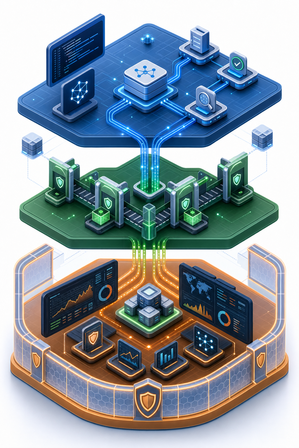A professional technical diagram showing three connected layers of AI system lifecycle: a development layer at the top with code evaluation and testing nodes, a deployment pipeline in the middle with quality gates and checkpoints, and a production runtime layer at the bottom with active monitoring dashboards and real-time enforcement barriers. The layers are connected by data flows showing evaluation results feeding into deployment decisions, and production metrics feeding back to monitoring systems. Use clean blues, greens, and oranges with a modern tech aesthetic. Show guardrails as protective boundaries around the production layer. Isometric or layered architectural view, no text or labels.