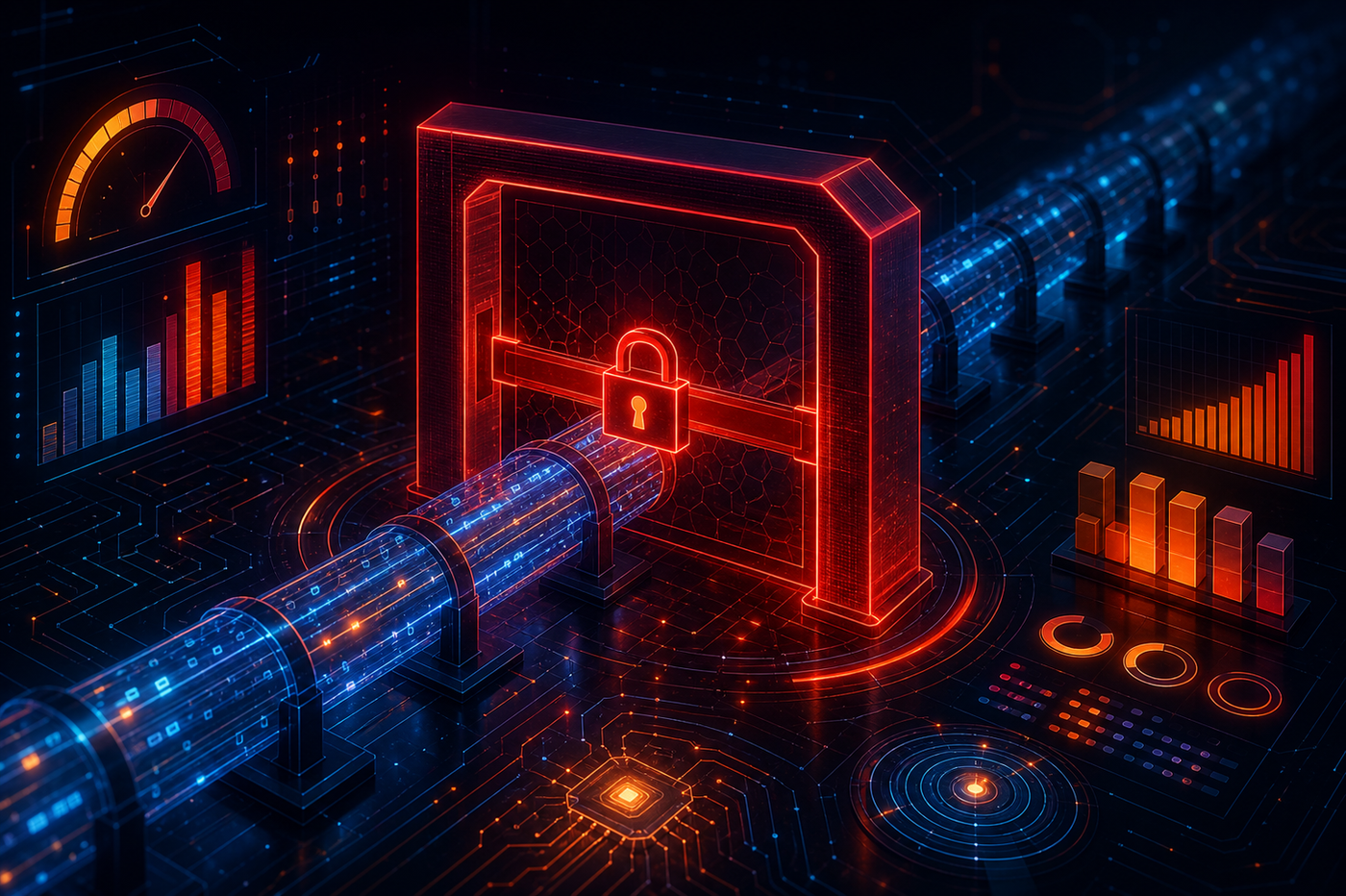 A futuristic digital control room visualization showing a glowing red enforcement gate blocking a pipeline flow, with abstract data streams and model evaluation metrics represented as luminous bars and gauges on dark background, circuit board patterns, symbolic lock mechanism engaged across a deployment pathway, deep blues and reds with amber warning indicators, no text or labels