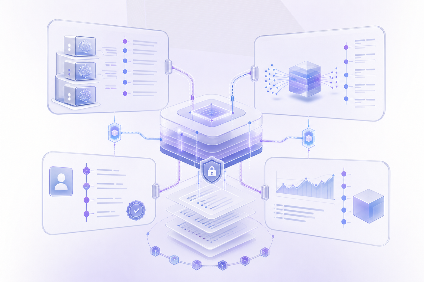 A clean technical diagram showing an AI audit trail system with four interconnected components: model versioning records, inference logs, human review records, and evaluation history. Visual representation of data flowing through a structured logging system with timestamps and immutable records. Abstract geometric representation of documentation layers and traceability chains. Modern, professional style with blue and purple tones, technical architecture visualization.