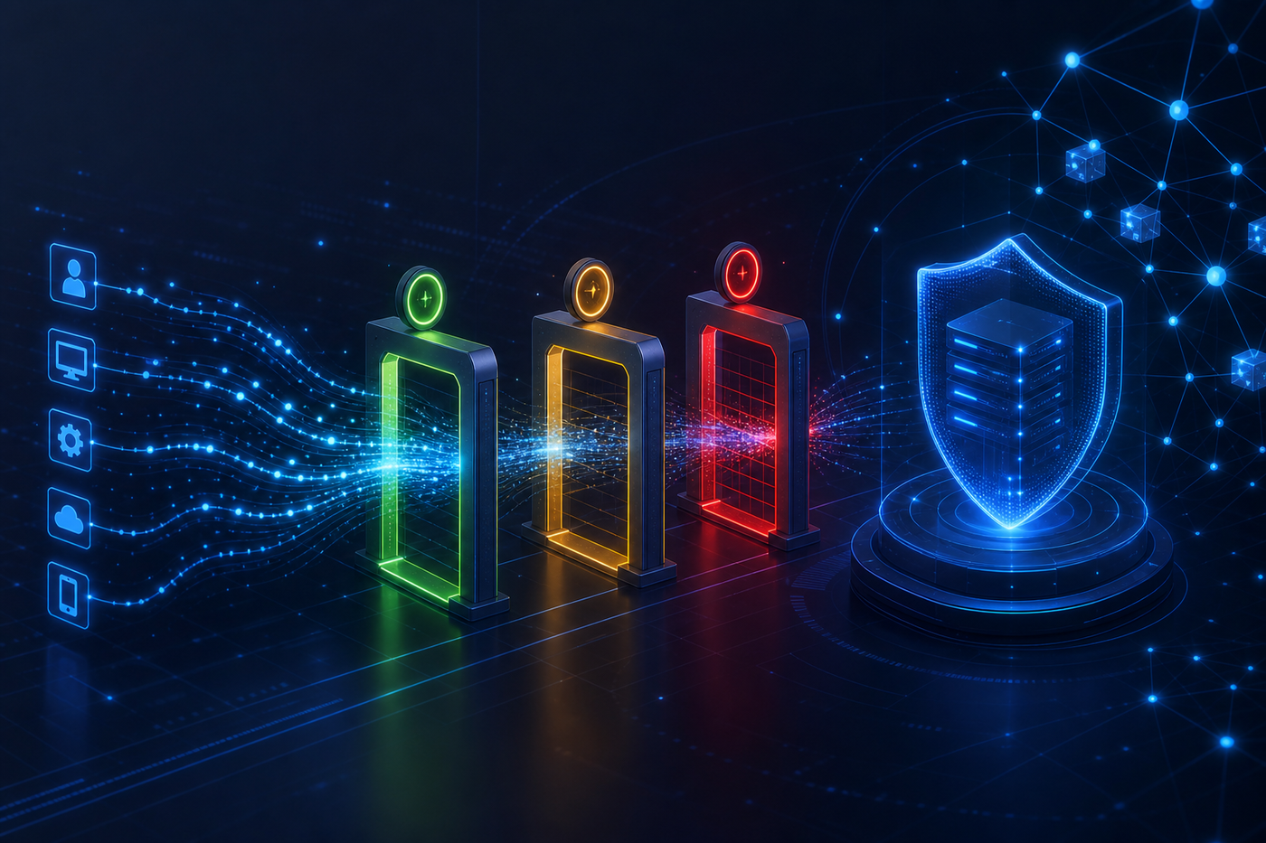 A futuristic control panel dashboard with glowing enforcement gates represented as colored status indicators — green for allowed, yellow for warning, red for blocked — overlaid on a dark digital interface showing data streams flowing through authorization checkpoints before reaching a protected server system, abstract network nodes and API connections visible in the background, clean blue and red lighting, no text or labels