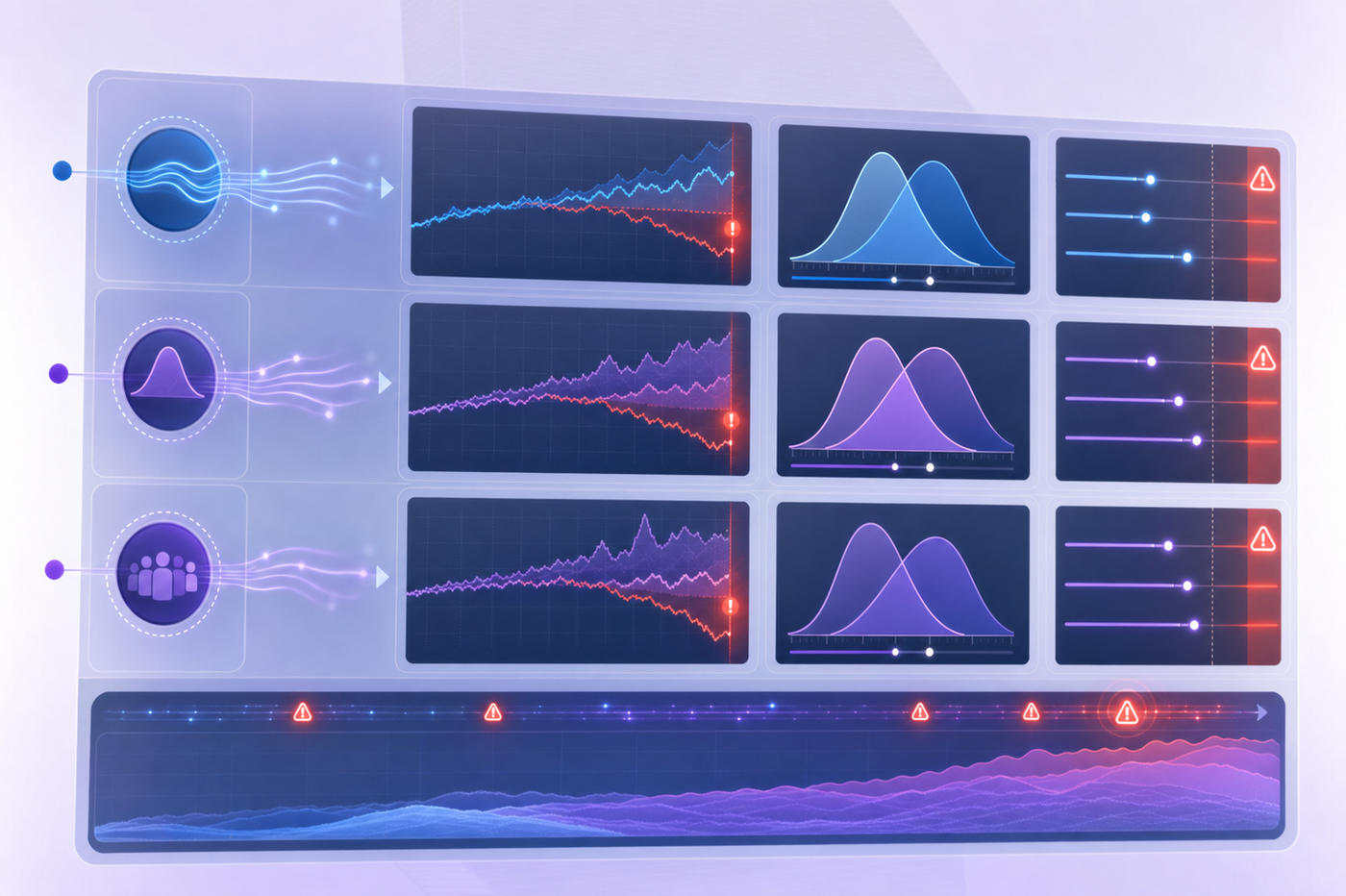 A modern monitoring dashboard display showing three parallel data streams with drift detection visualization. Display real-time metric graphs showing prediction drift with diverging trend lines, data distribution curves shifting over time, and demographic fairness metrics with alert thresholds. Use a professional tech aesthetic with blue and purple gradients, clean grid layouts, and visual indicators showing when metrics cross threshold boundaries. Include abstract representations of continuous monitoring streams, alert triggers, and performance degradation patterns. No text or letters.