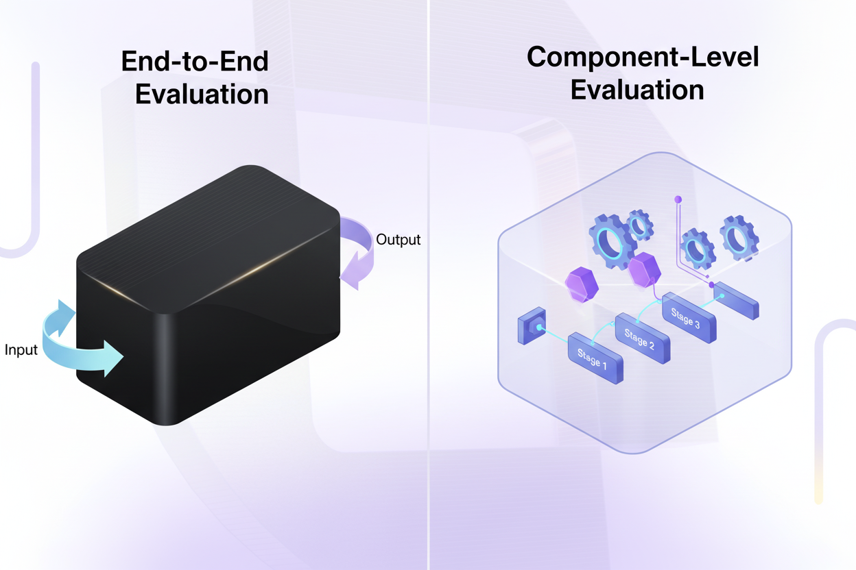 Split comparison illustration showing two AI agent evaluation approaches side by side. Left side: end-to-end evaluation depicted as a black box with input arrow entering and output arrow exiting, showing complete system as single unit. Right side: component-level evaluation showing transparent system with visible internal components like gears, nodes, and processing stages connected in sequence. Use modern tech aesthetic with blues, purples, and clean geometric shapes. Isometric or flat design style, professional and educational.