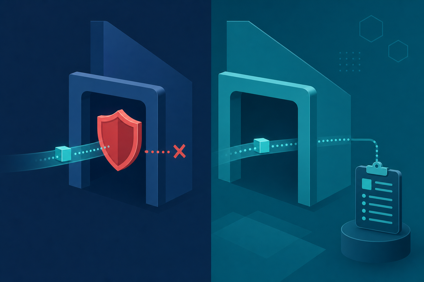 A split architectural diagram showing two distinct pathways through a system: on the left side, a red barrier or shield icon positioned at an API gateway boundary intercepting and blocking a data packet before it exits, representing active enforcement; on the right side, the same data packet passing through freely with only a clipboard or log file capturing it afterward, representing passive observation. Clean flat design with dark blue and teal color palette, abstract geometric shapes, no labels or text anywhere.