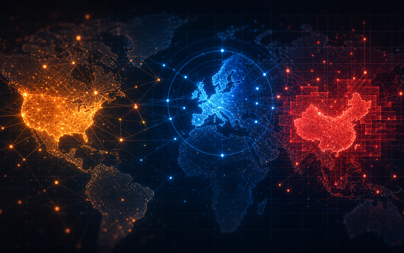 A stylized world map with three distinct glowing regional zones — Europe illuminated in deep blue, the United States in warm amber, and China in vivid red — each zone radiating outward with abstract geometric network lines and nodes suggesting different governance structures. The map has a dark navy background with subtle grid lines, and each region emits a different pattern of interconnected shapes: structured concentric rings for Europe, branching organic nodes for the US, and layered stacked blocks for China. The overall aesthetic is clean, technical, and modern — a data-visualization-inspired geopolitical illustration with no text or labels.