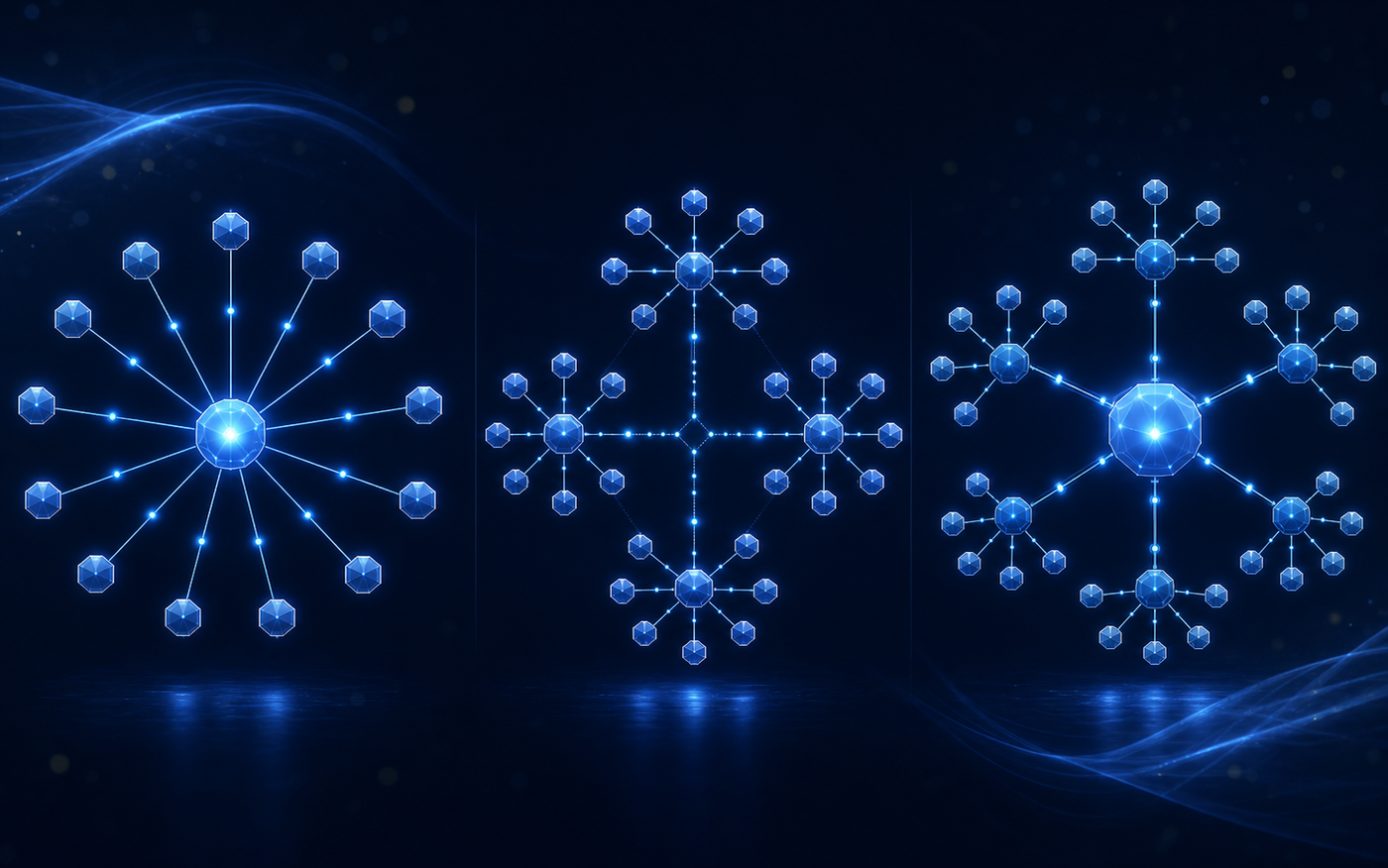 A clean, modern diagram showing three organizational governance structures side by side: a centralized hub with all nodes connecting inward to a single center point, a fully distributed federated network with multiple independent clusters, and a hub-and-spoke model with a strong central node connected to several domain clusters that each have their own sub-nodes. Use a dark navy and electric blue color palette with subtle glowing connectors and geometric node shapes. Abstract, no text or labels, professional enterprise technology aesthetic.