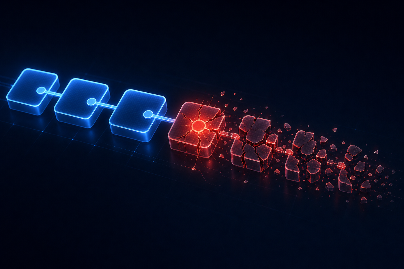 A dark-themed abstract technical illustration showing a chain of interconnected nodes or steps in a pipeline, where early nodes glow blue and stable, but midway through the chain one node pulses red and cracks, causing subsequent nodes to fragment and fail in a cascading pattern — representing compounding failure propagation through a multi-step workflow. Clean, modern, minimal geometric style with glowing edges and a deep navy or dark background.