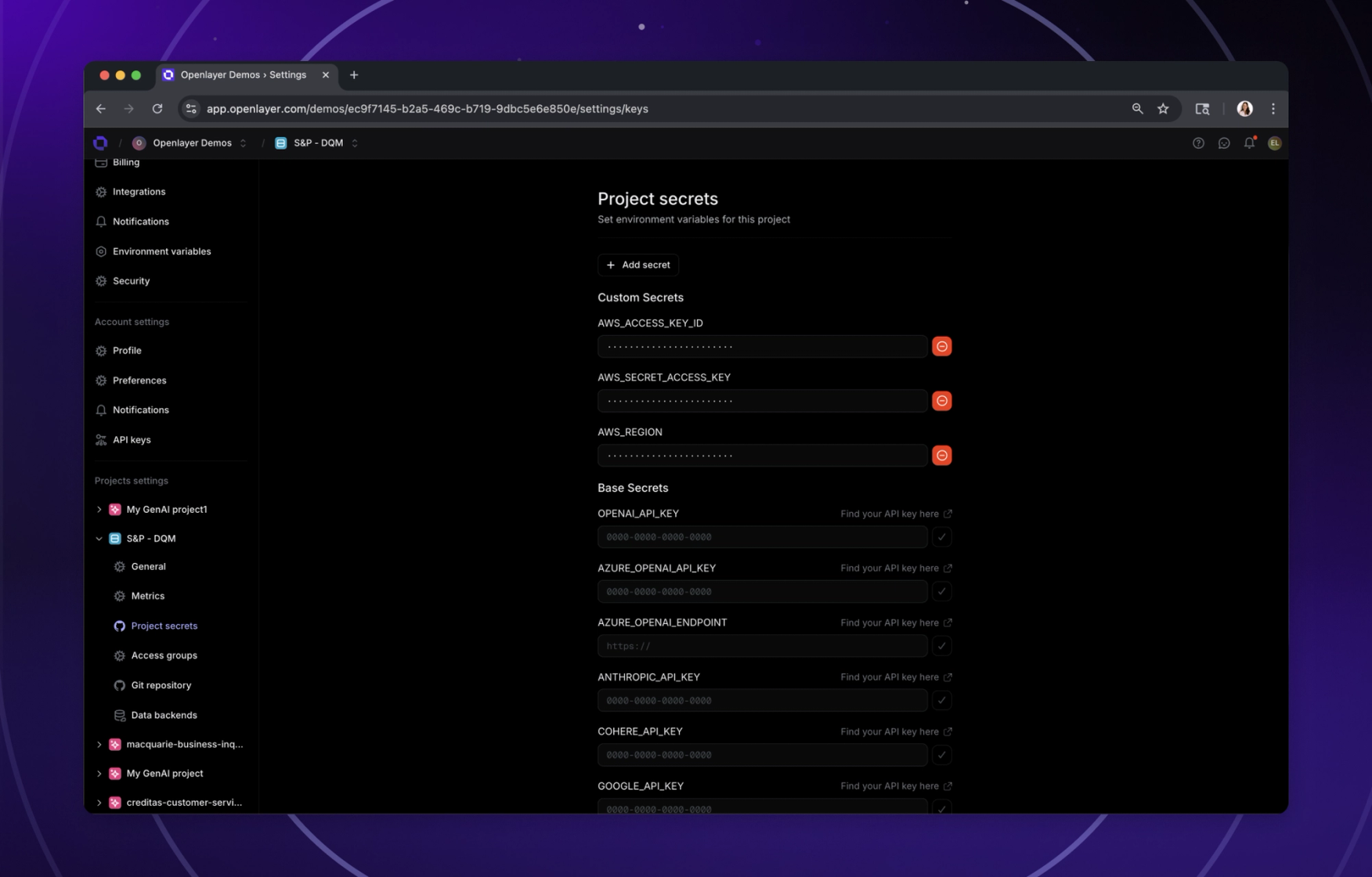 Project-level secrets, tracing LLM requests with OpenTelemetry