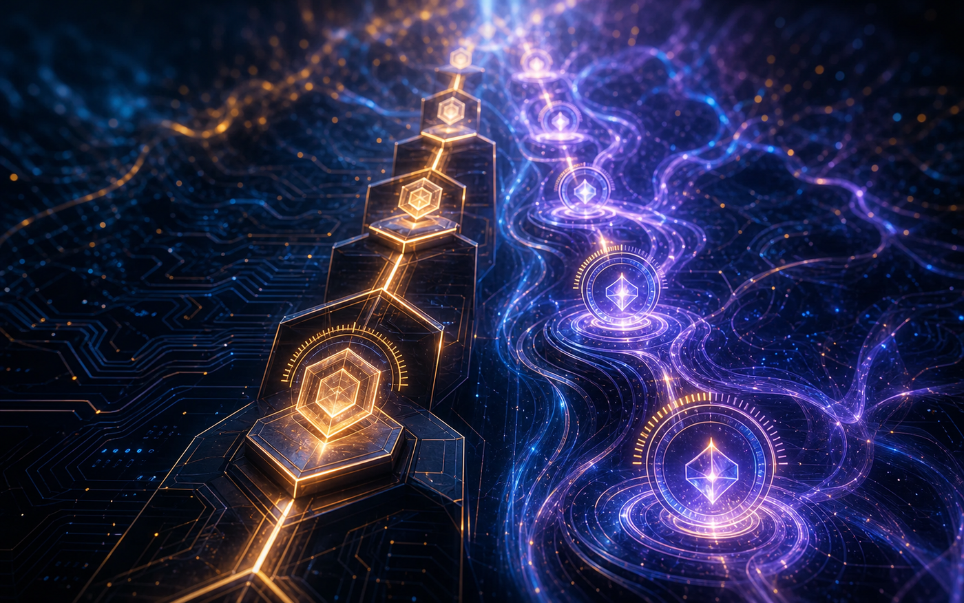 Abstract digital certification and professional development visualization: a futuristic credentialing pathway rendered as a luminous tiered architecture with two distinct ascending tracks side by side, one track with angular structured nodes representing governance and compliance frameworks, the other with flowing interconnected circuits representing technical practitioner skills, glowing credential badges as abstract geometric shapes at key milestone points along each track, classification gauges shown as luminous arcs at each tier, deep dark background with electric blue and violet energy flows, amber accent highlights at milestone points, circuit board patterns in the shadows, no text or labels, cinematic depth and dramatic contrast