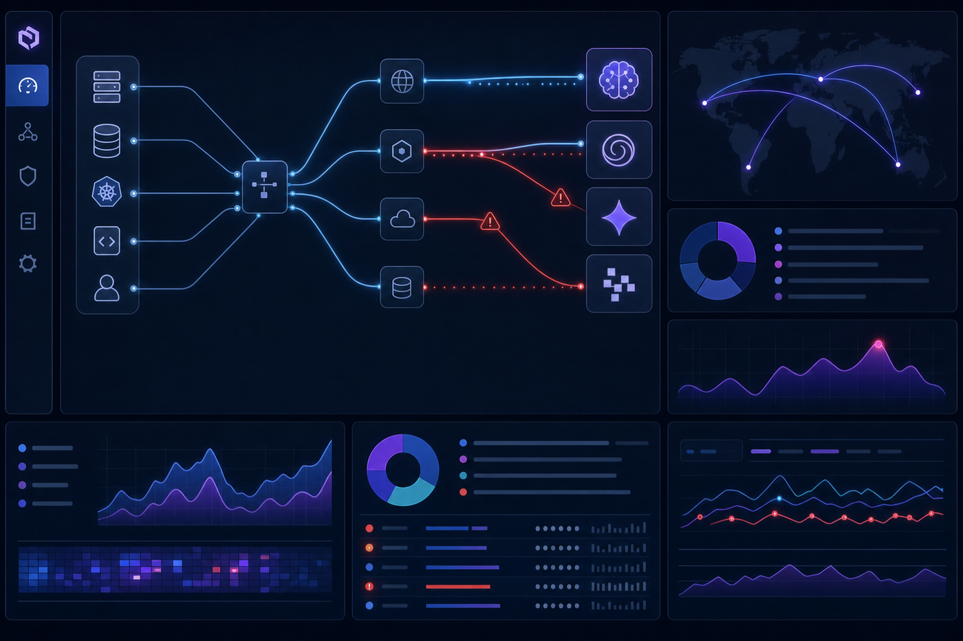 A technical dashboard displaying network traffic analysis and API monitoring, showing data flows between internal systems and external AI service endpoints, with visual indicators for flagged unauthorized connections, DNS query patterns, and real-time traffic monitoring graphs in a dark modern interface with blue and purple accent colors