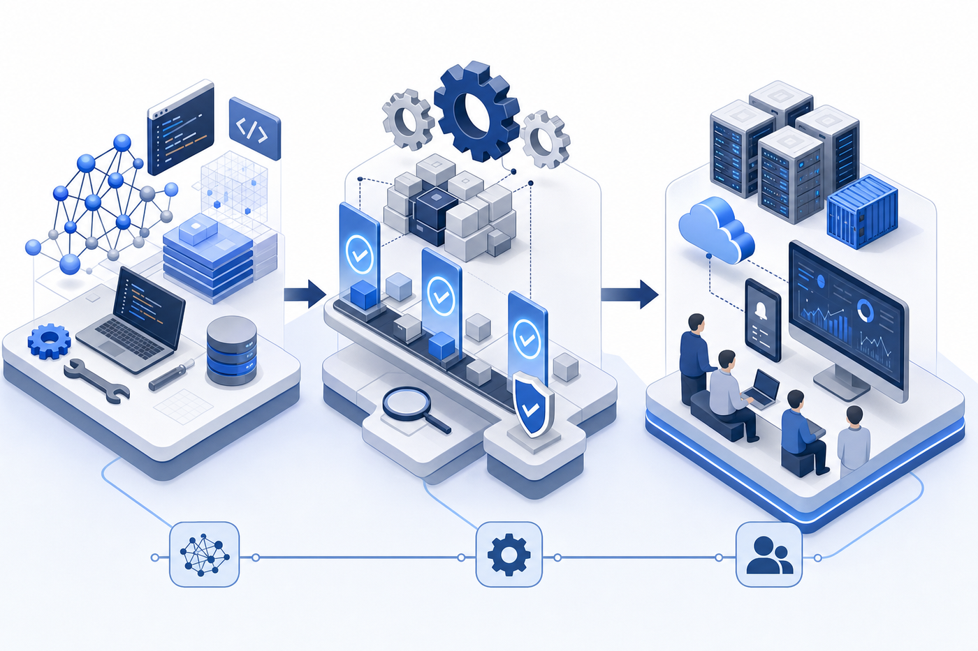 A clean, technical diagram showing an AI supply chain workflow. Visualize the flow from AI system development through deployment: on the left side show AI model development and building (represented by neural network nodes, code symbols, and development tools), flowing through the middle with system integration and testing (depicted with gears, validation checkmarks, and quality gates), and on the right side show deployment and operational use (illustrated with users, monitoring dashboards, and production environments). Use a modern, professional color palette with blues and grays. Isometric or flat design style. No text or labels.