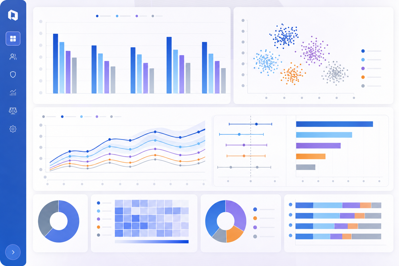A clean, technical dashboard visualization showing demographic analysis charts for insurance risk assessment. Display multiple data visualization panels including bar charts comparing demographic groups, line graphs showing performance metrics across different cohorts, and a scatter plot with color-coded clusters representing different population segments. Use a professional color scheme with blues, grays, and subtle accent colors. The style should be modern, analytical, and corporate - resembling a real monitoring system interface for tracking fairness metrics across protected classes in insurance AI systems.