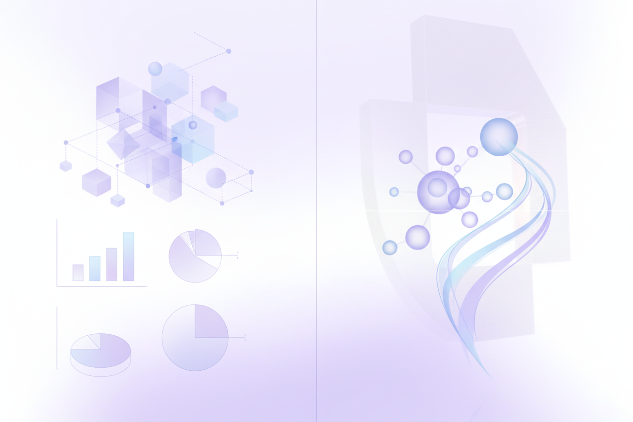A split-screen technical illustration comparing two AI evaluation approaches: on the left side, show traditional statistical analysis with string matching patterns, edit distance calculations, and word overlap visualization using geometric shapes and graphs; on the right side, show modern semantic understanding with neural network representations, embedding spaces, and contextual meaning flow using interconnected nodes and gradient flows. Use a clean, technical style with blues and purples, abstract and minimalist design, no text or labels.