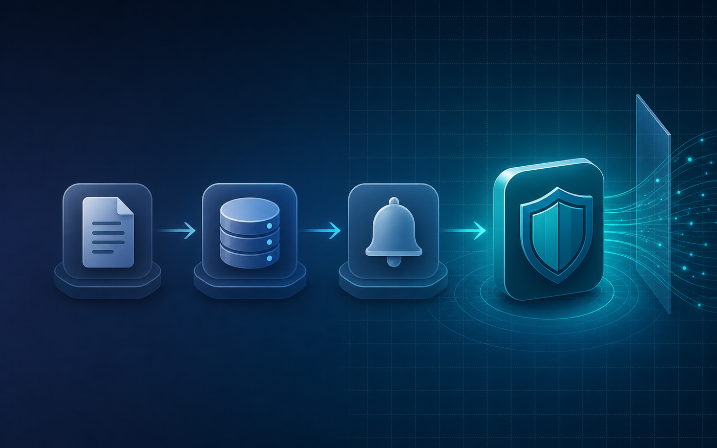 A clean modern diagram showing a horizontal enforcement spectrum with four ascending stages represented as distinct blocks or nodes connected by arrows flowing left to right: the first stage is documentation represented by a document icon, the second is logging represented by a database or log stack icon, the third is alerting represented by a bell or notification icon, and the fourth is blocking represented by a shield or barrier icon at the API boundary. Each stage appears progressively more solid and impactful, with the final blocking stage visually dominant and highlighted in deep teal or blue. Abstract flat design style, no people, no text, no labels, no letters or words, deep blue and teal color palette with subtle gradient shading, professional minimalist illustration