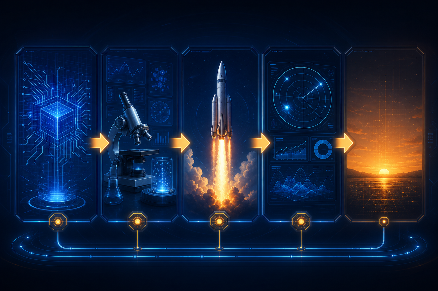 A sleek, modern diagram showing an AI system lifecycle pipeline with five sequential stages flowing left to right: a blueprint/design phase with circuit board patterns, a laboratory testing phase with microscope and data charts, a rocket launch representing production deployment, a radar/dashboard screen representing active monitoring, and a sunset horizon representing retirement and archiving. Each stage is connected by glowing directional arrows. The overall color palette uses deep navy blues, electric blues, and amber accents on a dark background, conveying a structured, governed, enterprise technology workflow with stage gates between each phase.