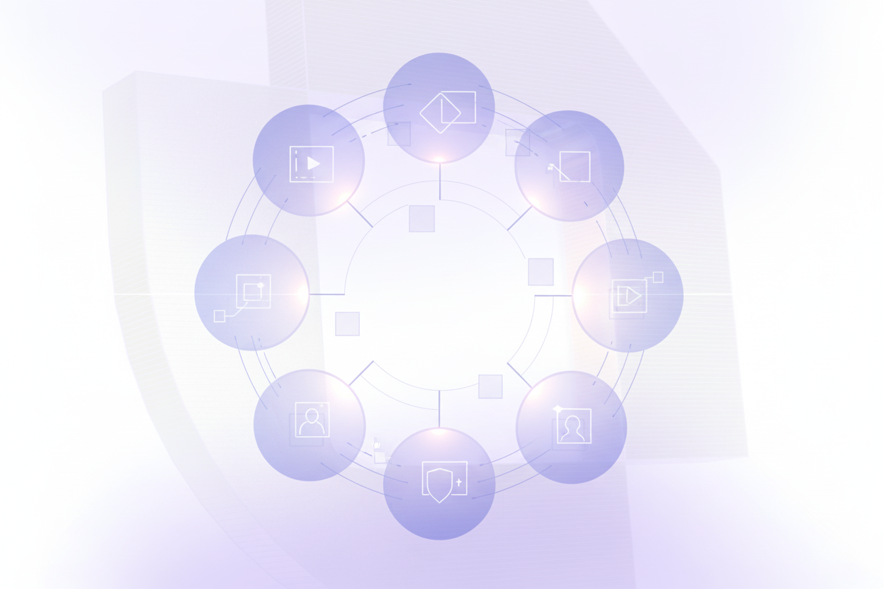 A modern, technical diagram showing eight interconnected sectors in a circular or network layout: biometric identification systems, critical infrastructure safety, education access systems, employment and HR technology, essential services and credit scoring, law enforcement analytics, migration and border control, and justice administration. Use a clean, professional color palette with blues, grays, and accent colors. Abstract geometric shapes representing data flow and AI systems connecting the sectors. Isometric or flat design style, suitable for enterprise technical documentation. No text or labels.