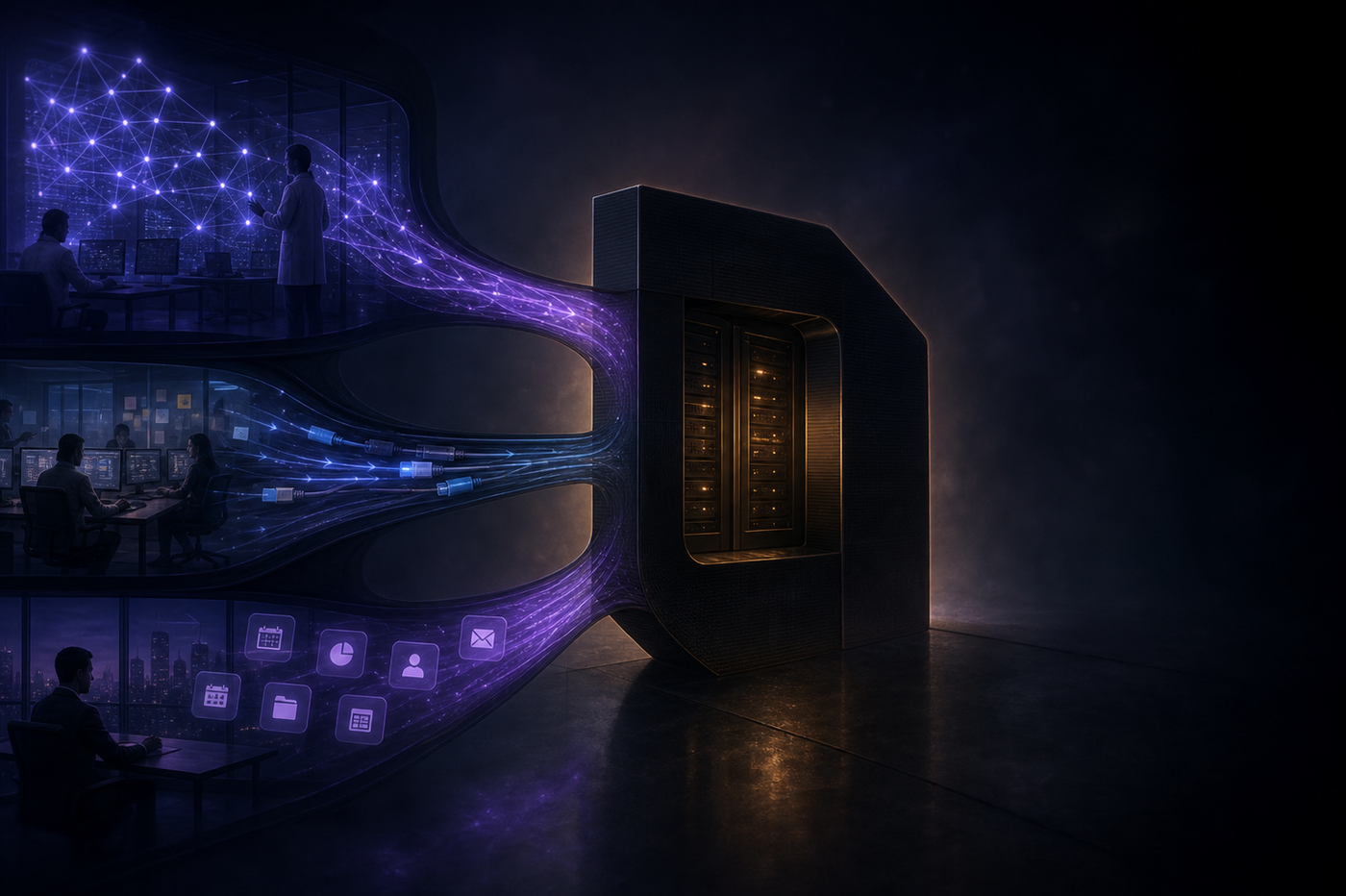 A dark, atmospheric digital illustration showing three shadowy pathways converging into a corporate network infrastructure. Each pathway represents a different entry point: a data science lab with glowing neural network nodes, a product team workspace with API connection cables, and a business office with off-the-shelf software icons. The paths flow like invisible streams into a central server hub that has no monitoring sensors attached. The overall color palette uses deep blues and purples with faint amber highlights on the unmonitored central hub, conveying the concept of undetected AI systems entering an organization unregistered and unmonitored.