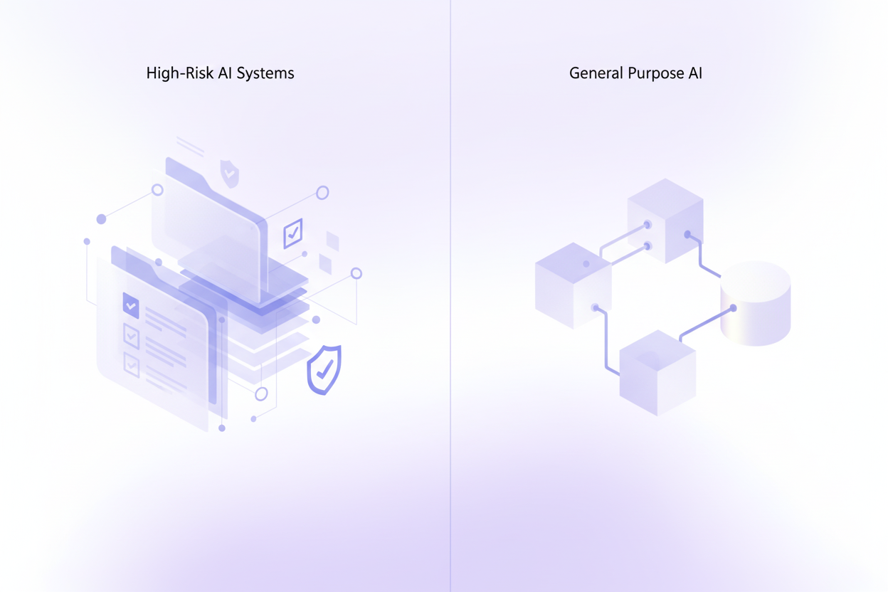 A clean split-screen technical diagram showing two distinct AI system pathways side by side. Left side represents high-risk AI systems with structured documentation layers, compliance checkmarks, and regulatory oversight elements. Right side represents general purpose AI with a more streamlined, modular approach. Use professional blue and gray color palette with geometric shapes like folders, documents, shields, and interconnected nodes. The visual should convey the contrast between comprehensive regulatory requirements and more flexible general purpose frameworks. Modern, minimalist style appropriate for enterprise technical documentation. No text, letters, or words.