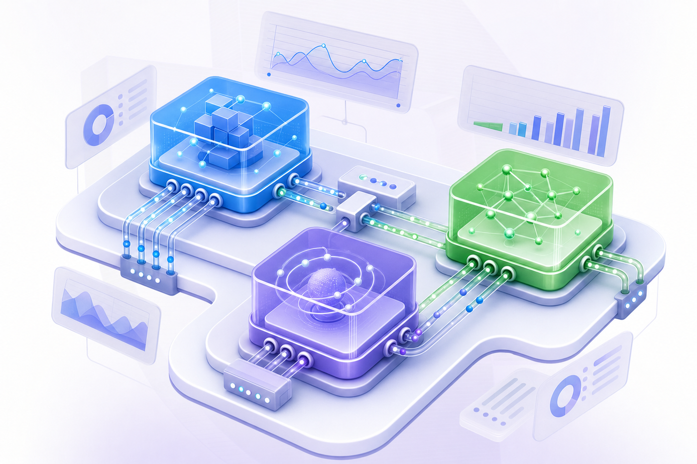 A clean technical illustration showing three distinct open source software tools represented as interconnected modular components. Each tool is visualized as a different colored geometric module with connection points, pipes, or nodes showing data flow. The style should be modern, technical, and professional with blues, greens, and purples. Include visual elements suggesting metrics, dashboards, and algorithmic processing like graphs, data streams, and computational nodes. No text or letters anywhere in the image.
