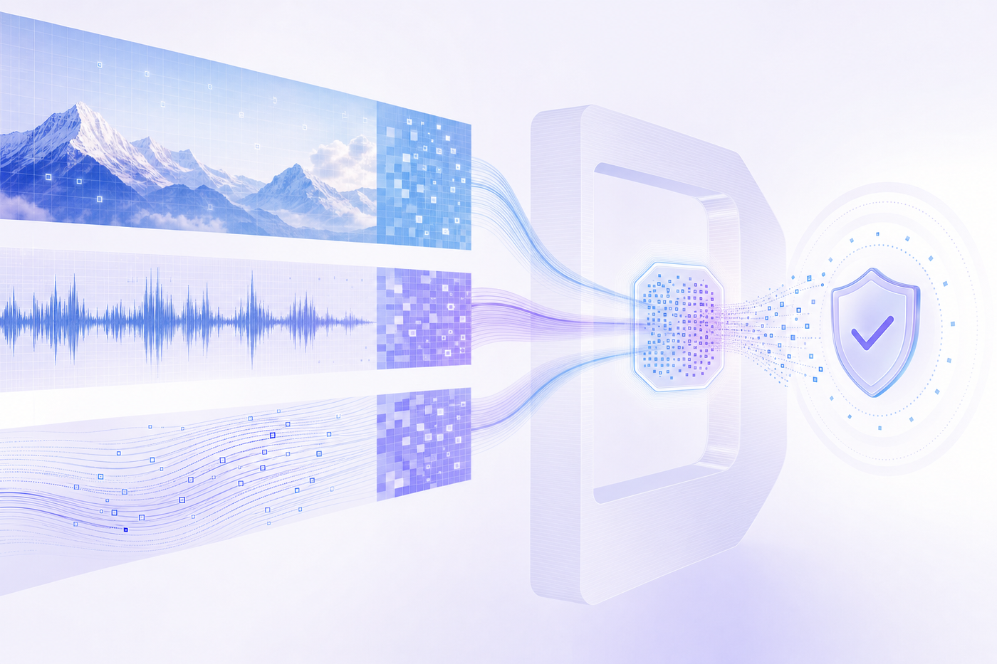 A clean, modern technical illustration showing digital watermarking and content authentication. Abstract visualization of invisible digital signatures being embedded into synthetic media layers - images, audio waveforms, and text patterns. Show subtle geometric patterns representing machine-readable markers being woven into digital content streams. Use a professional color palette with blues and purples against a light background. Technical but accessible style, showing the concept of detectable AI-content markers without any text labels.