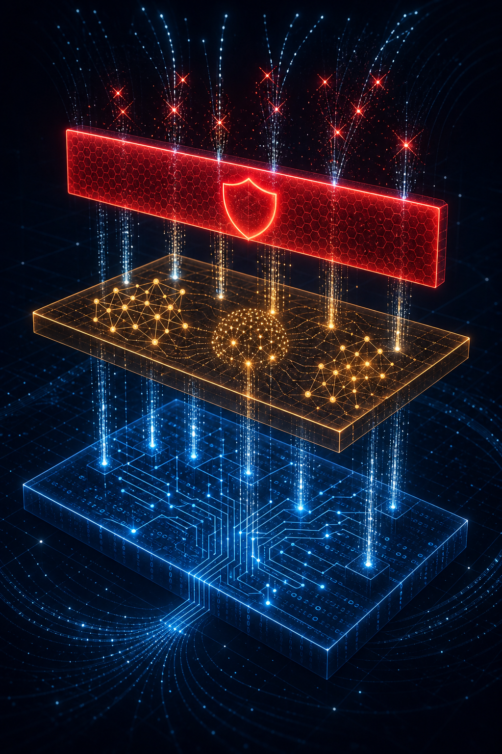 A dark technical diagram showing three horizontal layers stacked vertically, representing a detection architecture pipeline. The bottom layer glows with fast electric blue circuits and binary patterns symbolizing deterministic rule-based processing. The middle layer shows warm amber neural network nodes and embedding clusters representing semantic analysis and deep understanding. The top layer features a solid glowing red barrier or shield at an API boundary representing real-time enforcement and blocking. Data flows upward through all three layers as luminous particles, some being filtered and stopped at the top enforcement layer. Deep navy background, cool white data flow lines, each tier visually distinct in color and texture. Abstract, no labels, no text, no letters.