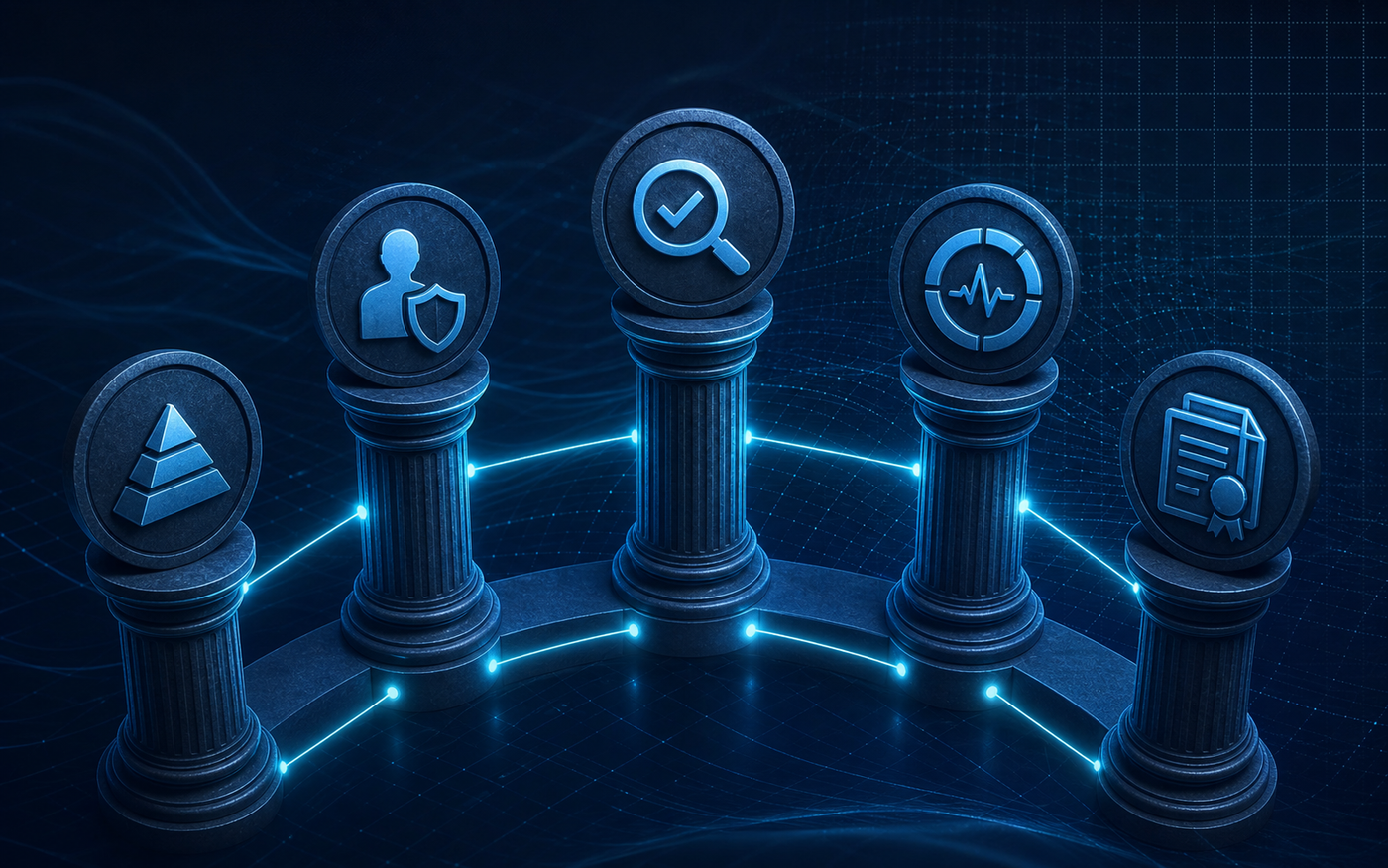 A clean, modern infographic-style illustration showing five interconnected pillars or columns arranged in a semicircular arc, each with a distinct icon representing: a layered risk pyramid, a human figure with a shield, a magnifying glass with a checkmark, a circular monitoring gauge with a pulse line, and a document stack with a seal. The pillars are connected by glowing lines suggesting interdependence. Dark navy background with deep blue and teal accent colors, subtle grid texture. Minimalist, technical, professional aesthetic with no text or labels.