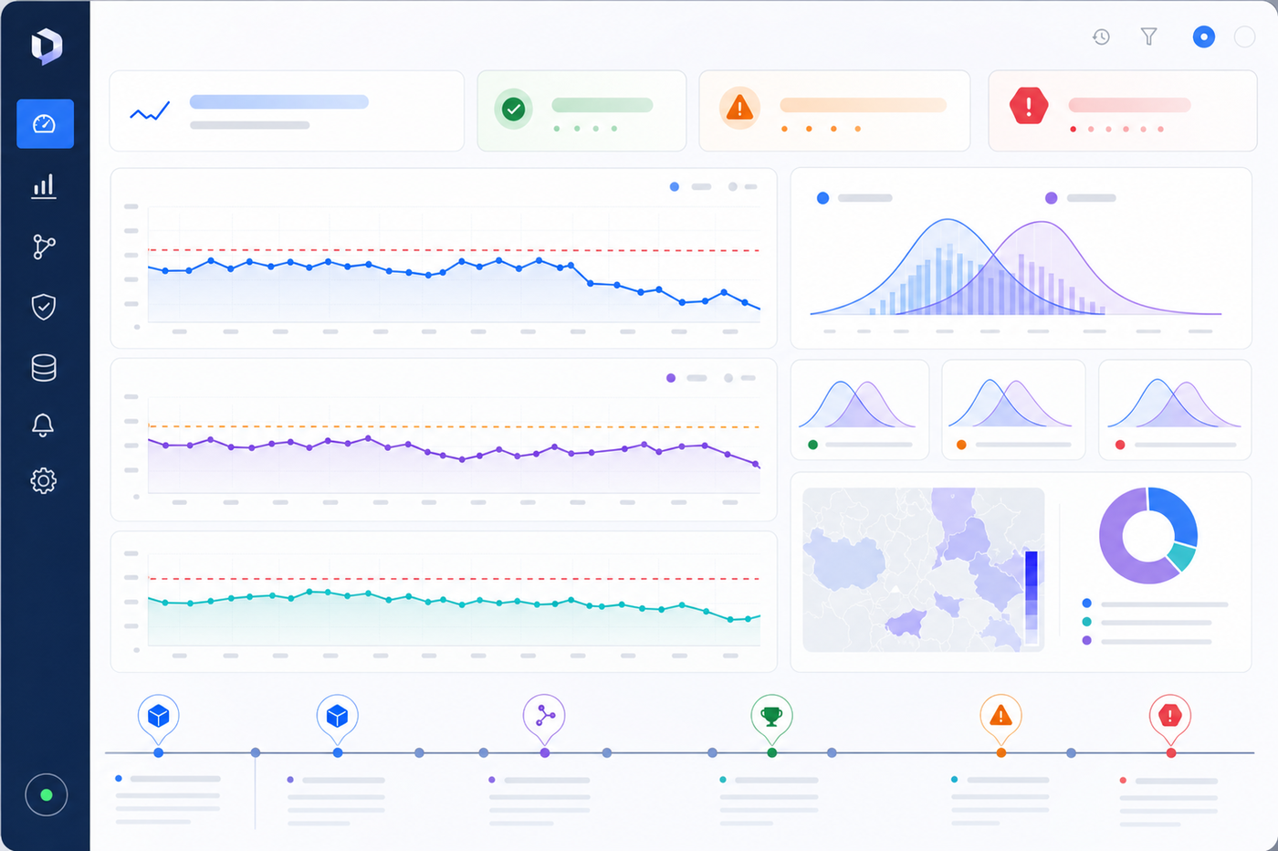 A modern technical dashboard showing real-time AI model monitoring for drift detection. Display multiple visualization panels including line graphs tracking model performance metrics over time with threshold lines, distribution comparison charts showing training data vs production data overlays, alert indicators and status badges, and a timeline view showing deployment events. Use a professional blue and gray color scheme with accent colors for alerts. The style should be clean, technical, and corporate - resembling a production monitoring system interface for tracking model drift and performance degradation in insurance AI systems.