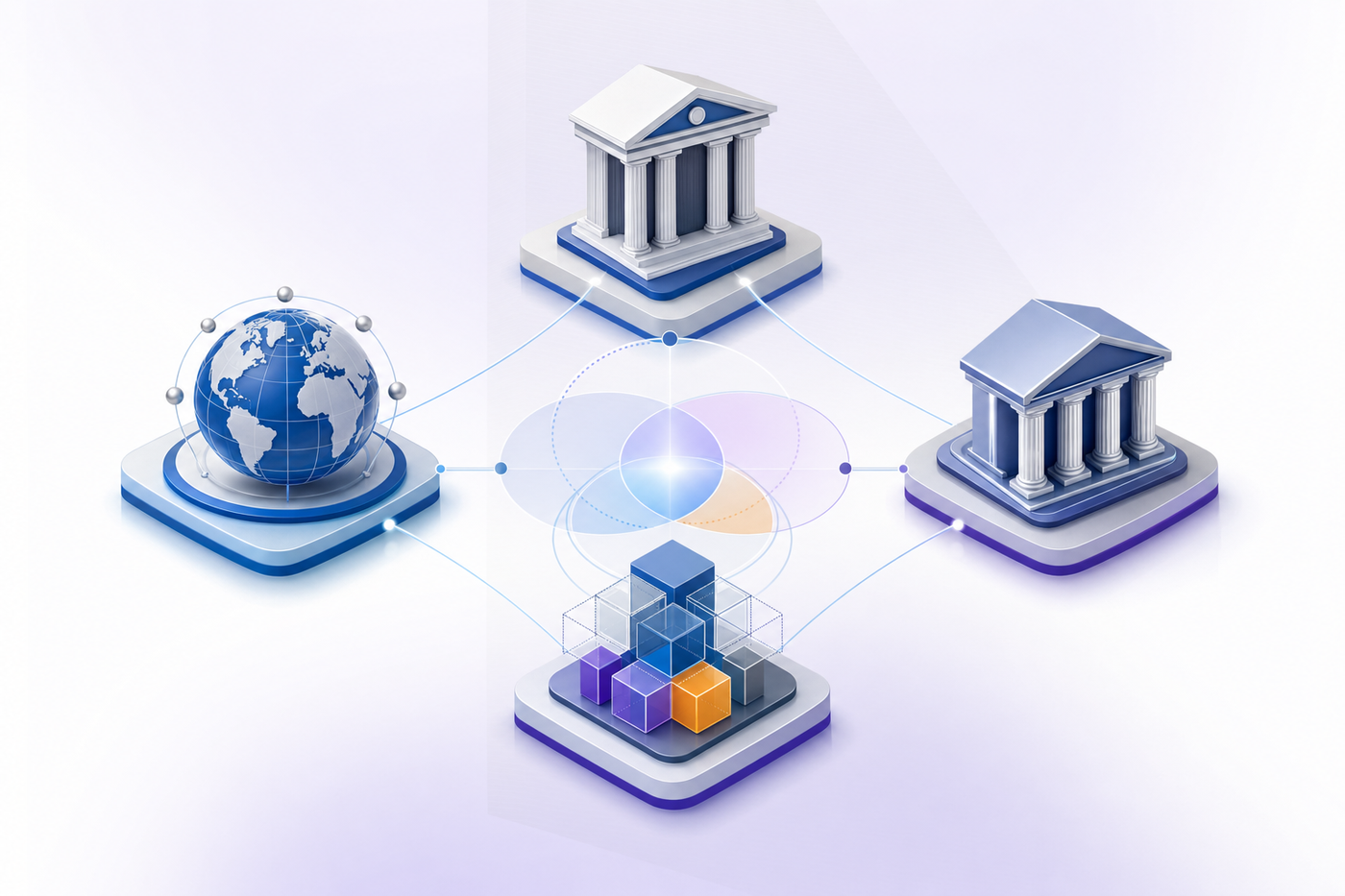 A professional technical diagram showing four interconnected governance framework pillars or nodes representing different AI governance standards. Each pillar should have distinct visual characteristics: one with a government/institutional building aesthetic for regulatory frameworks, one with international/global symbols for international standards, one with financial sector imagery like banking columns, and one with flexible modular elements for voluntary frameworks. The pillars should be connected by subtle lines showing relationships and overlap. Modern, geometric style with cool professional color palette of blues, grays, and accent colors. Clean, technical illustration style without any text or labels.