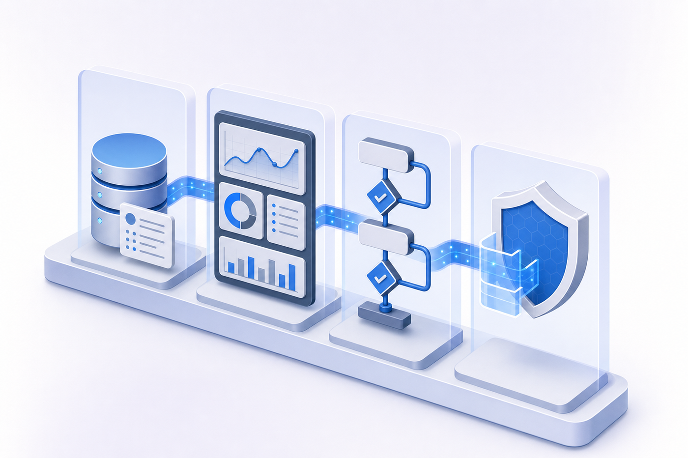 A clean technical architecture diagram showing four interconnected pillars or layers representing AI governance infrastructure components: a database cylinder for model inventory and tracking, a dashboard with metrics and graphs for continuous monitoring, a pipeline with quality gates for evaluation workflows, and a shield or barrier symbol for policy enforcement at the output layer. Modern, professional style with a technology blue and gray color scheme, isometric or flat design perspective, no text or labels.