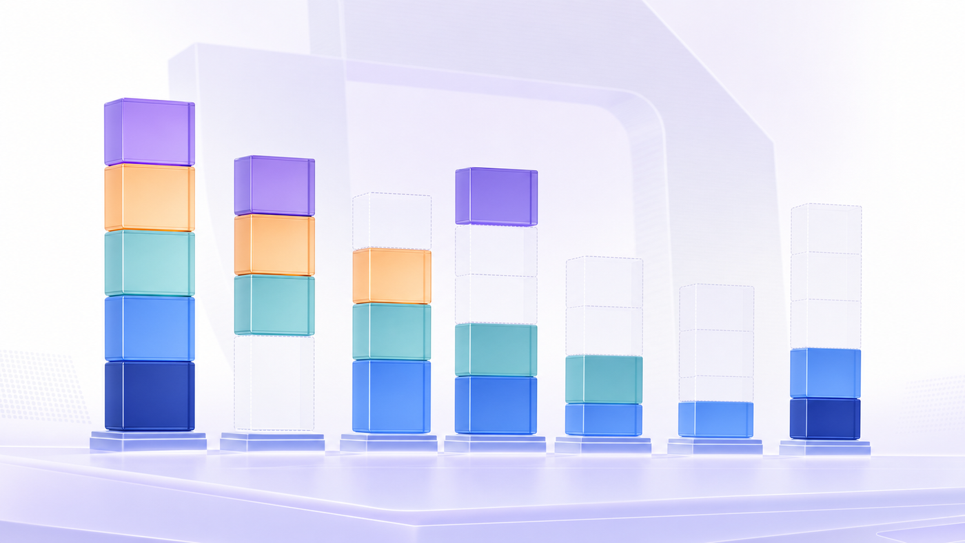 A modern technical diagram showing seven vertical columns representing different software platforms, each column filled to different heights with colored segments representing different capabilities: evaluation, monitoring, governance, compliance, and runtime enforcement. The columns vary dramatically in height and completeness, with one column on the left nearly complete with all segments filled, while others have significant gaps and missing segments. Use a clean, professional color scheme with blues, grays, and subtle accent colors. The visual should emphasize the contrast between comprehensive coverage and partial coverage across platforms. Abstract, geometric style with no text or labels.